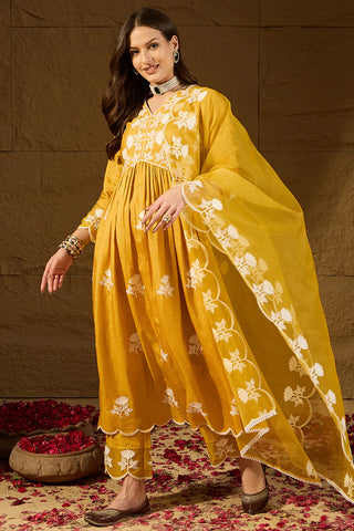 Yellow Silk Blend A Line Floral Embroidered Suit Set with Dupatta
