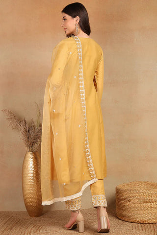 Yellow Silk Blend Embroidered Flared Suit Set with Dupatta