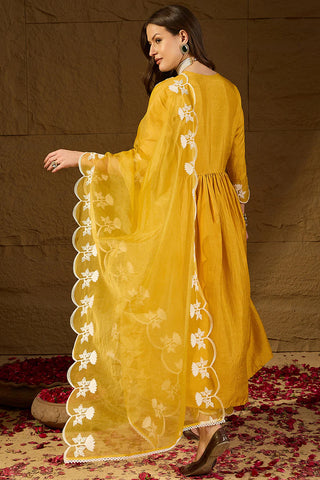 Yellow Silk Blend A Line Floral Embroidered Suit Set with Dupatta