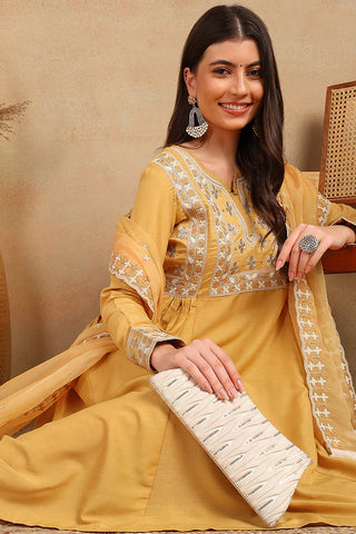 Yellow Silk Blend Embroidered Flared Suit Set with Dupatta