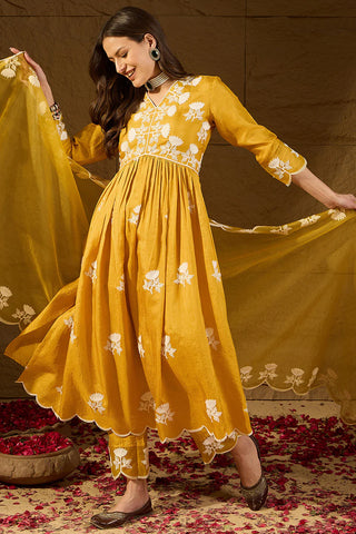 Yellow Silk Blend A Line Floral Embroidered Suit Set with Dupatta