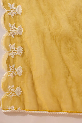Yellow Silk Blend A Line Floral Embroidered Suit Set with Dupatta