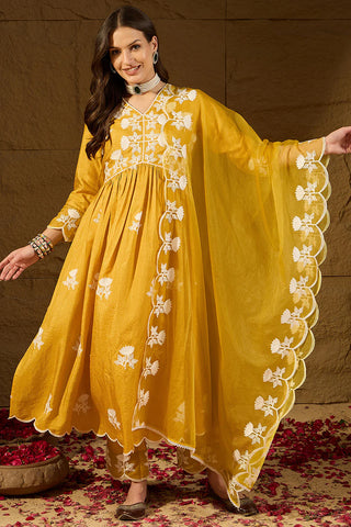 Yellow Silk Blend A Line Floral Embroidered Suit Set with Dupatta