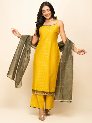 Yellow Silk Blend Printed Straight Cut Suit Set with Organza Dupatta