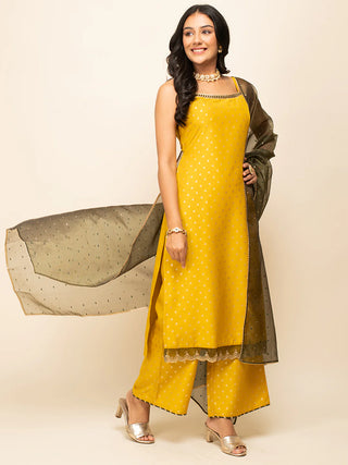 Yellow Silk Blend Printed Straight Cut Suit Set with Organza Dupatta