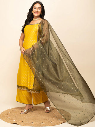 Yellow Silk Blend Printed Straight Cut Suit Set with Organza Dupatta