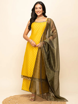 Yellow Silk Blend Printed Straight Cut Suit Set with Organza Dupatta