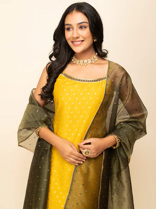 Yellow Silk Blend Printed Straight Cut Suit Set with Organza Dupatta