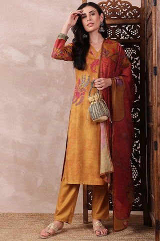 Mustard Silk Blend Floral Print Straight Shape Suit Set with Dupatta