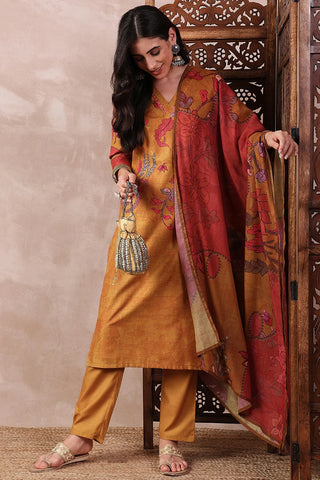 Mustard Silk Blend Floral Print Straight Shape Suit Set with Dupatta