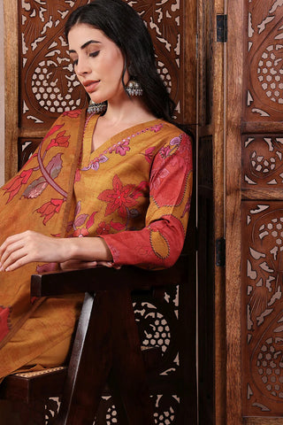 Mustard Silk Blend Floral Print Straight Shape Suit Set with Dupatta