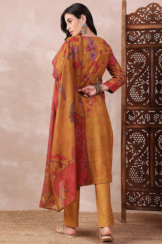 Mustard Silk Blend Floral Print Straight Shape Suit Set with Dupatta