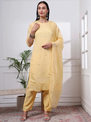 Yellow Silk Blend Cotton Lining Embroidered Straight Shape Suit Set with Dupatta