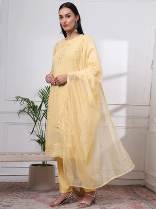 Yellow Silk Blend Cotton Lining Embroidered Straight Shape Suit Set with Dupatta