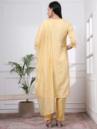 Yellow Silk Blend Cotton Lining Embroidered Straight Shape Suit Set with Dupatta