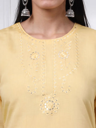 Yellow Silk Blend Cotton Lining Embroidered Straight Shape Suit Set with Dupatta