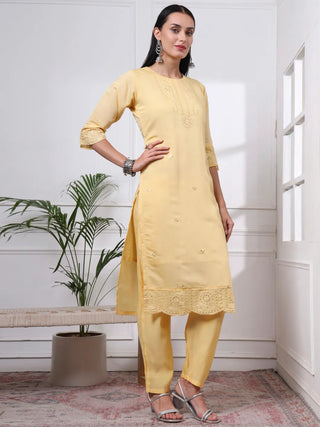 Yellow Silk Blend Cotton Lining Embroidered Straight Shape Suit Set with Dupatta