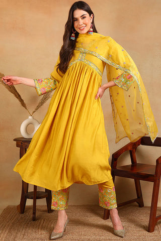 Yellow Silk Blend Embroidered Anarkali Suit Set with Organza Dupatta