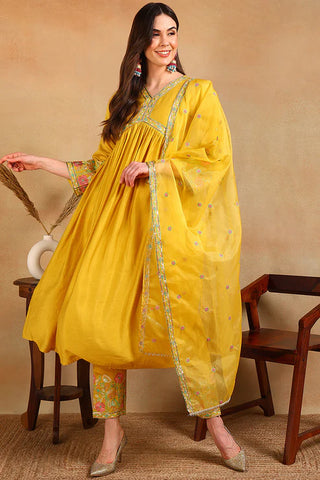 Yellow Silk Blend Embroidered Anarkali Suit Set with Organza Dupatta