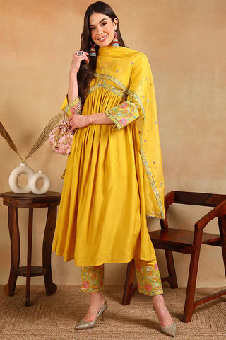 Yellow Silk Blend Embroidered Anarkali Suit Set with Organza Dupatta