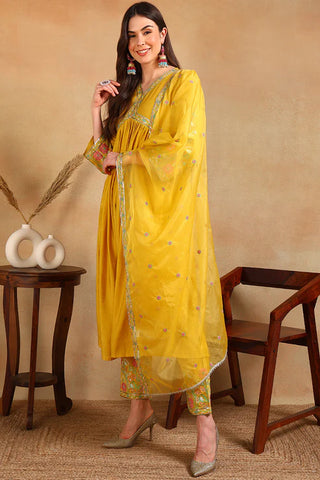 Yellow Silk Blend Embroidered Anarkali Suit Set with Organza Dupatta