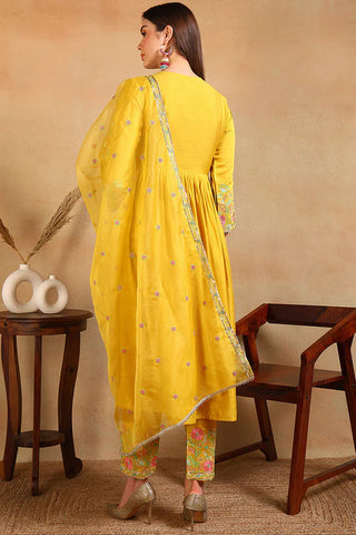 Yellow Silk Blend Embroidered Anarkali Suit Set with Organza Dupatta