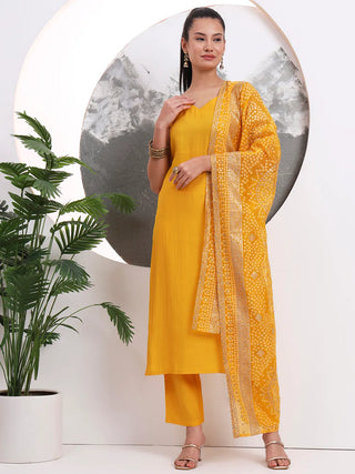 Solid Yellow Silk Blend Straight Shape Suit Set with Printed Dupatta
