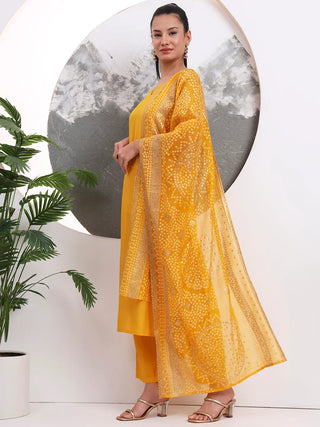 Solid Yellow Silk Blend Straight Shape Suit Set with Printed Dupatta
