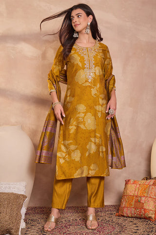 Yellow Silk Blend Straight Shape Floral Print Suit Set with Dupatta