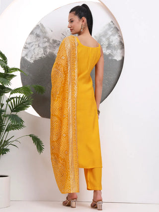 Solid Yellow Silk Blend Straight Shape Suit Set with Printed Dupatta