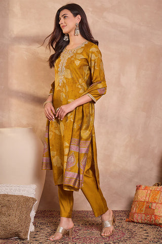 Yellow Silk Blend Straight Shape Floral Print Suit Set with Dupatta
