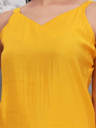 Solid Yellow Silk Blend Straight Shape Suit Set with Printed Dupatta