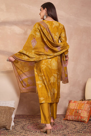 Yellow Silk Blend Straight Shape Floral Print Suit Set with Dupatta