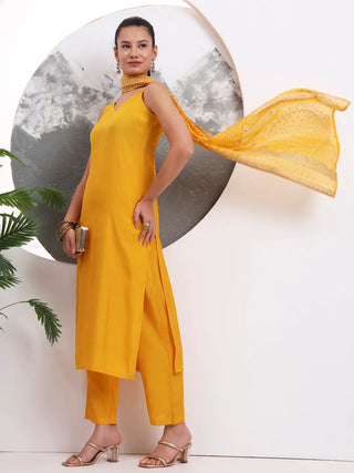 Solid Yellow Silk Blend Straight Shape Suit Set with Printed Dupatta