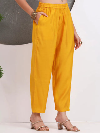 Solid Yellow Silk Blend Straight Shape Suit Set with Printed Dupatta