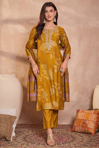Yellow Silk Blend Straight Shape Floral Print Suit Set with Dupatta
