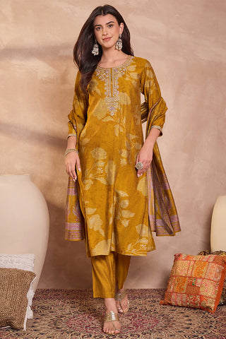 Yellow Silk Blend Straight Shape Floral Print Suit Set with Dupatta