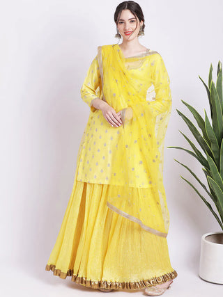 Yellow Kurta Set In Silk With Skirt And Dupatta