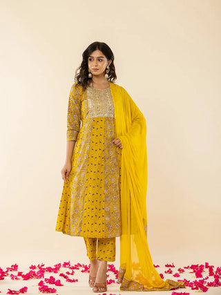 Mustard Cotton Printed & Embroidered Anarkali Suit Set with Voile Dupatta
