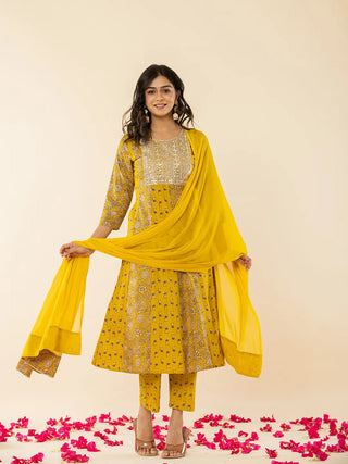 Mustard Cotton Printed & Embroidered Anarkali Suit Set with Voile Dupatta