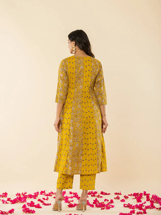 Mustard Cotton Printed & Embroidered Anarkali Suit Set with Voile Dupatta