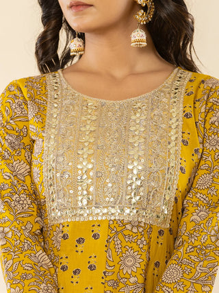 Mustard Cotton Printed & Embroidered Anarkali Suit Set with Voile Dupatta