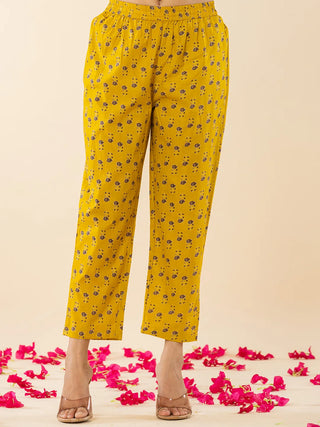 Mustard Cotton Printed & Embroidered Anarkali Suit Set with Voile Dupatta