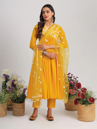 Yellow Yoke Design & Thread Embroidered Suit Set with Dupatta