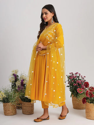 Yellow Yoke Design & Thread Embroidered Suit Set with Dupatta