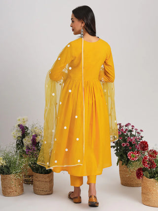 Yellow Yoke Design & Thread Embroidered Suit Set with Dupatta