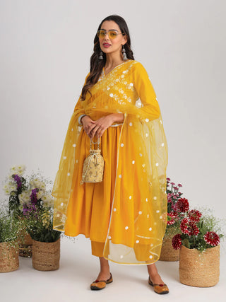 Yellow Yoke Design & Thread Embroidered Suit Set with Dupatta