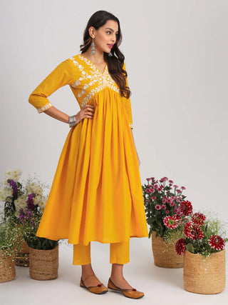 Yellow Yoke Design & Thread Embroidered Suit Set with Dupatta