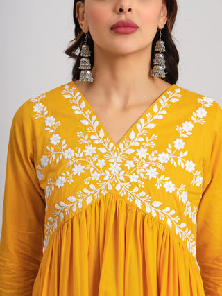 Yellow Yoke Design & Thread Embroidered Suit Set with Dupatta