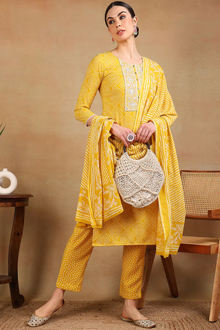 Yellow Viscose Rayon Bandhani Print & Embroidered Straight Shape Suit Set with Dupatta